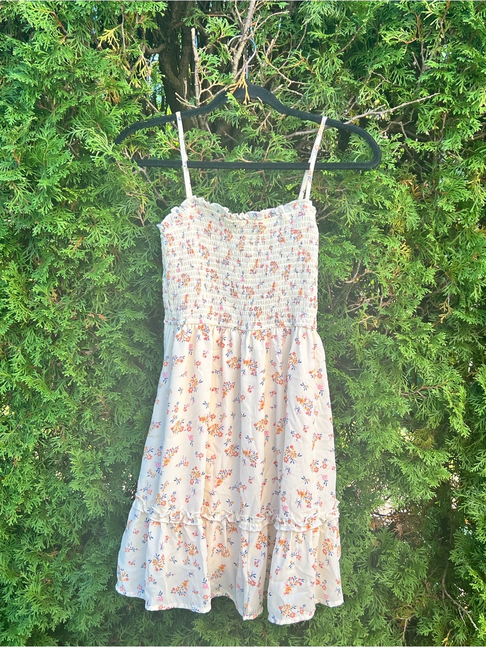 Love Tree Cream Floral Smocked Sundress with Orange and Pink Accents
